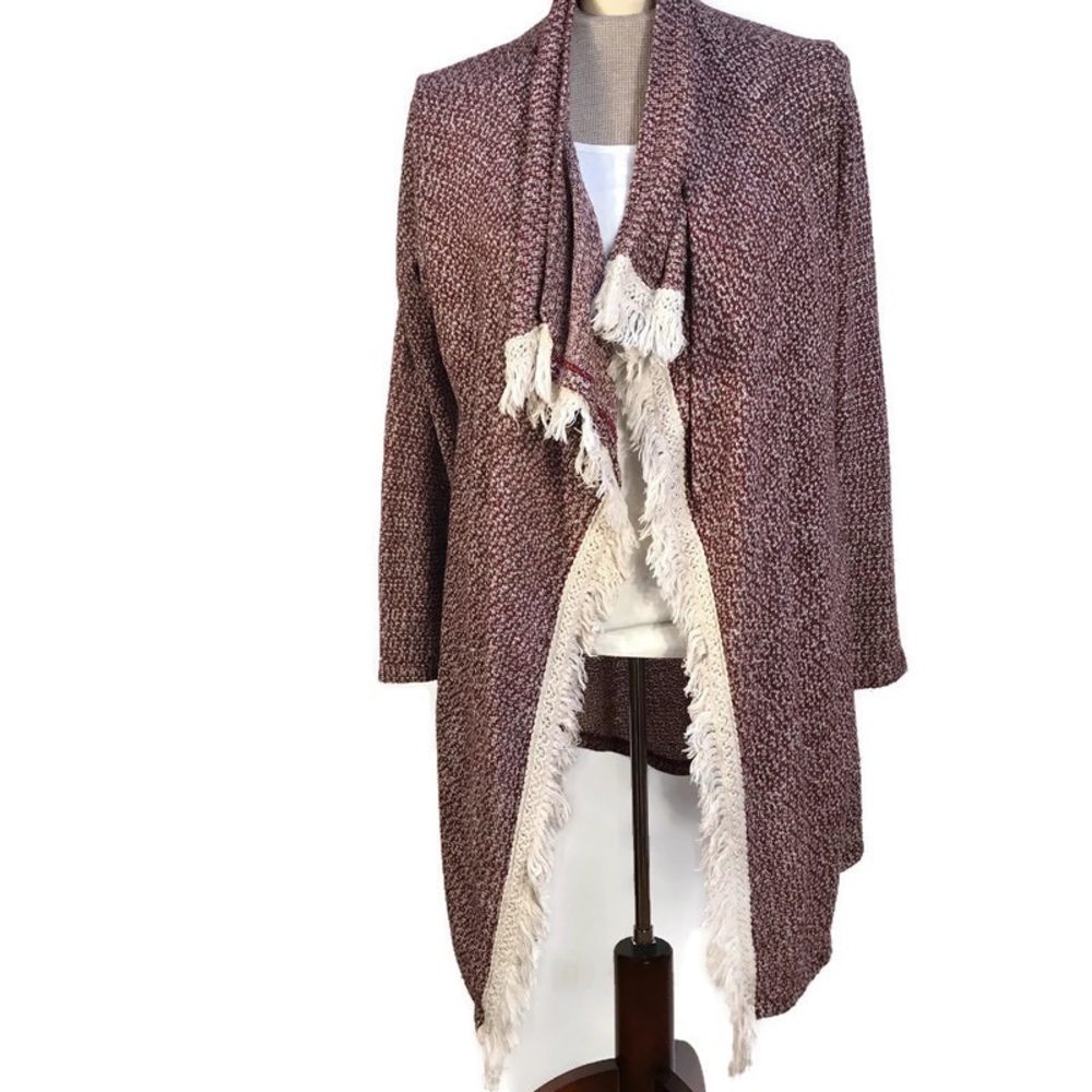 Arizona Jeans Cardigan Fringed Long sleeve Women’s Size Large Burgundy & cream